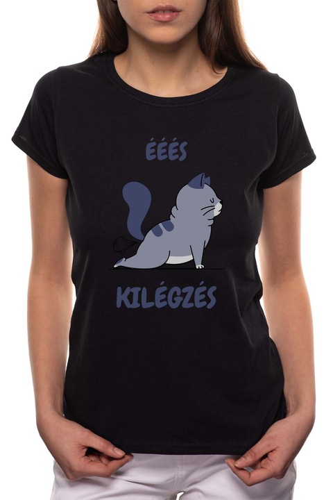 Macska Yoga, Kerek nyakú női póló, 100% Pamut, 495, Fekete