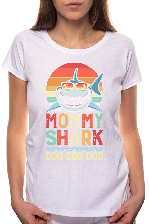 Mommy Shark, Kerek nyakú női póló, 100% Pamut, 496, Fehér
