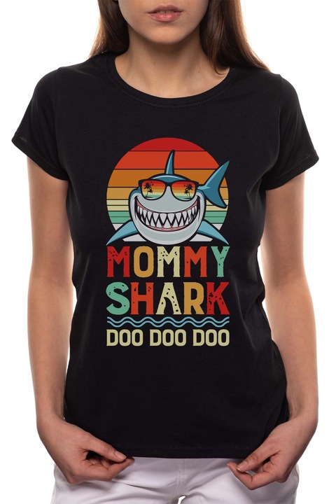 Mommy Shark, Kerek nyakú női póló, 100% Pamut, 496, Fekete