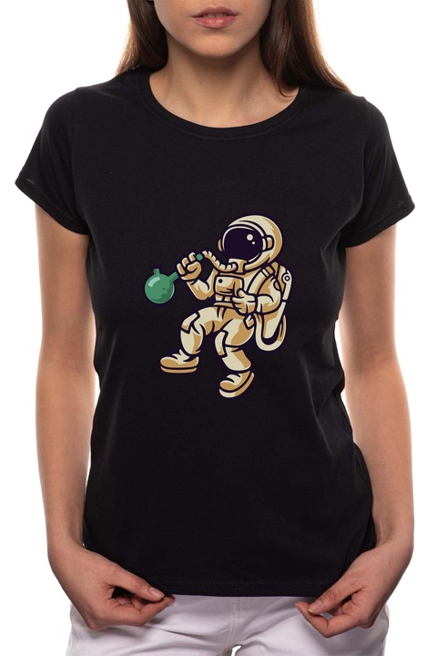 Cannabis Astronaut, Kerek nyakú női póló, 100% Pamut, 507, Fekete