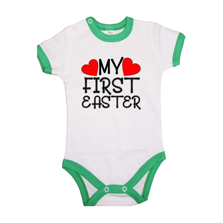 Body pentru bebelusi cu maneca scurta Iepuras de Paste Cadou de Paste Oua Oua Tralala My First Easter 3, Maneca scurta cu garnitura verde, L - 74 (9-12 luni)
