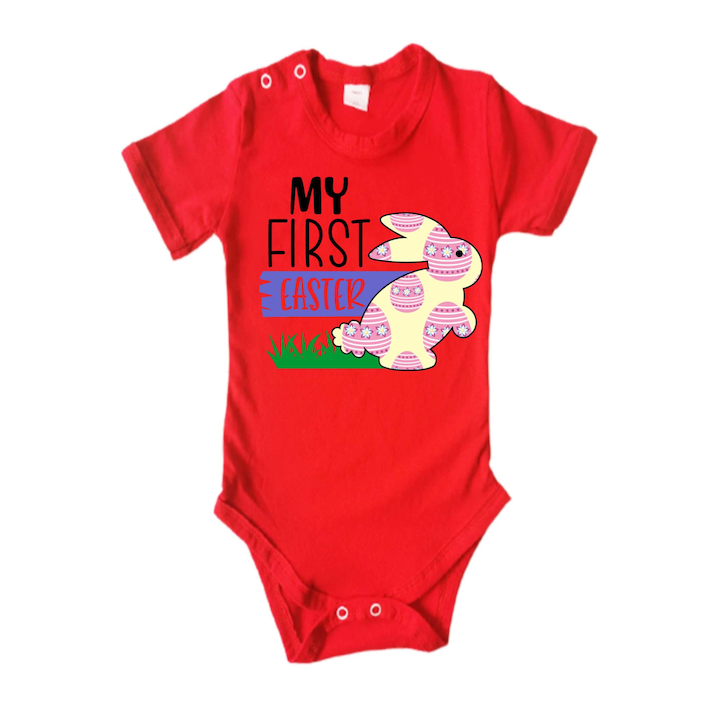 Body bebelusi Tralala Primul meu iepuras de Paste 1, Rosu cu maneca scurta, XS - 56 (1-3 luni)