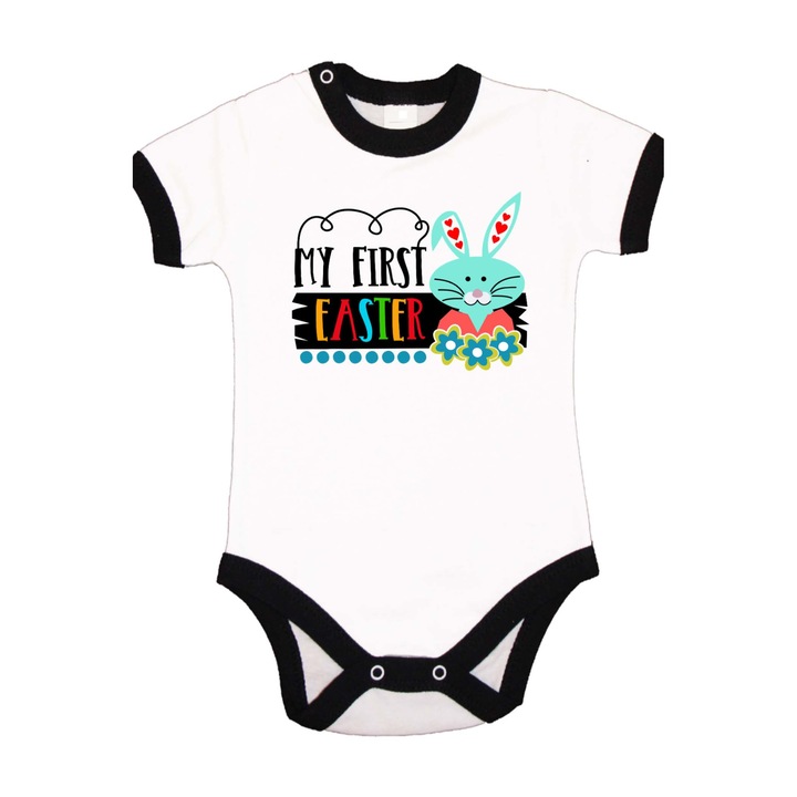 Body bebelus cu maneca scurta Iepurasul de Paste Cadou de Paste Oua Oua Tralala Primul meu iepuras de Paste 3, Negru Trim cu maneca scurta, 3XL - 92 (24-30 luni)