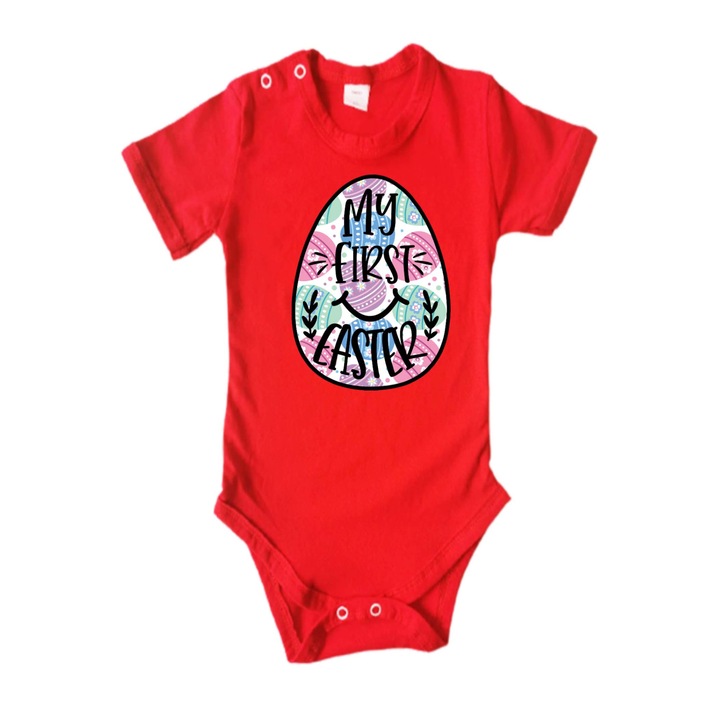 Бебешко Боди къс ръкав Великден Заек Великденски Подарък Яйце Яйца Tralala My First Easter Egg, Червен Къс Ръкав, L - 74 (9-12 месеца)