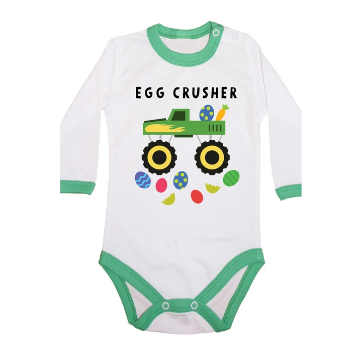 Body pentru bebelusi cu maneca lunga Iepuras de Paste Cadou de Pasti Oua Oua Tralala Concasor de oua, maneca lunga cu garnitura verde, S - 62 (3-6 luni)