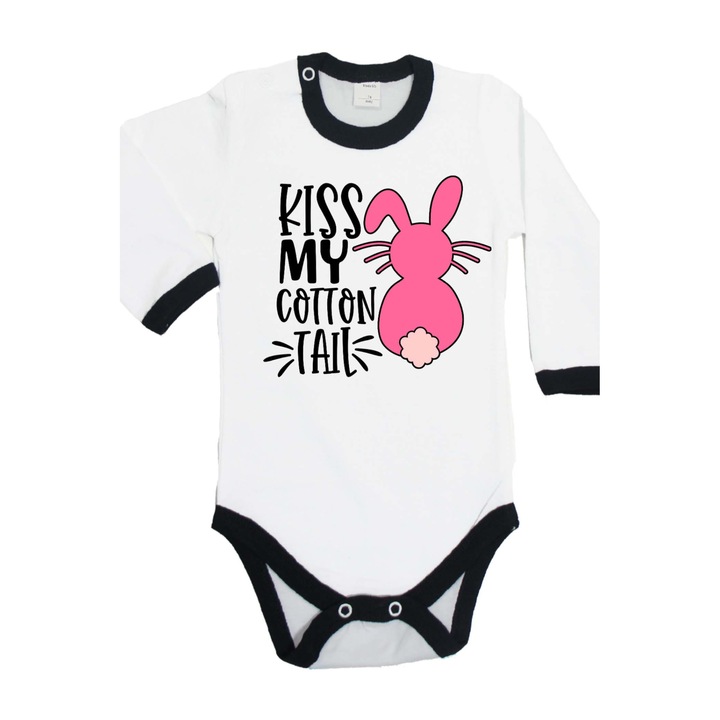 Body pentru bebelusi cu maneca lunga Iepuras de Paste Cadou de Paste Oua Oua Tralala Kiss My Cotton Tail, Maneca lunga cu garnitura neagra, 3XL - 92 (24-30 luni)