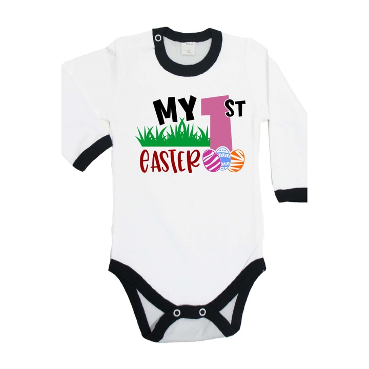 Body bebelus cu maneca lunga Iepuras de Paste Cadou de Paste Oua Oua Tralala My 1st Easter 3, Negru Trim Maneca lunga, XL - 80 (12-18 luni)