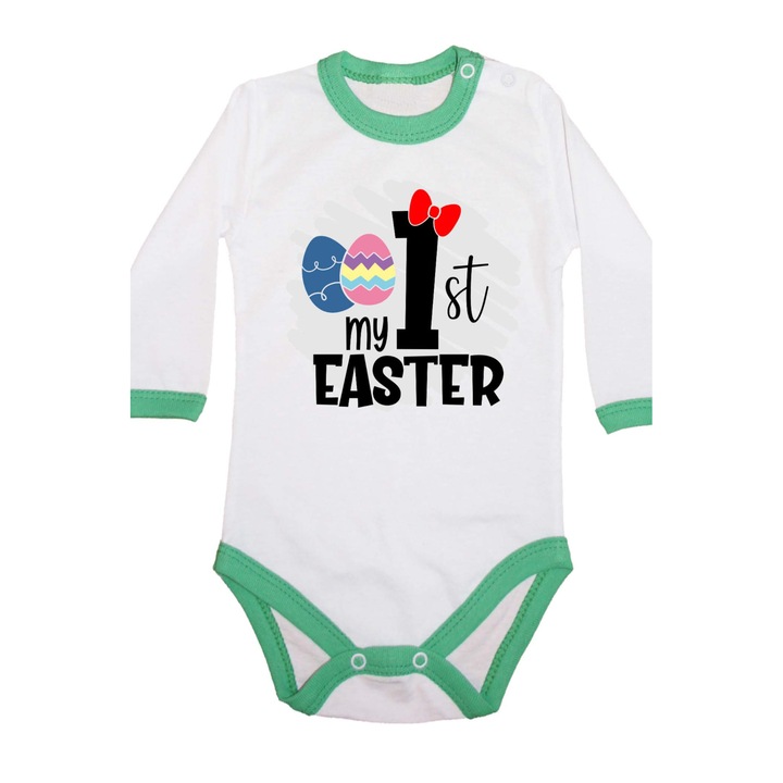Body pentru bebelusi cu maneca lunga Iepuras de Paste Cadou de Paste Oua Oua Tralala My 1st Easter 4, Maneca lunga cu garnitura verde, 2XL - 86 (18-24 luni)