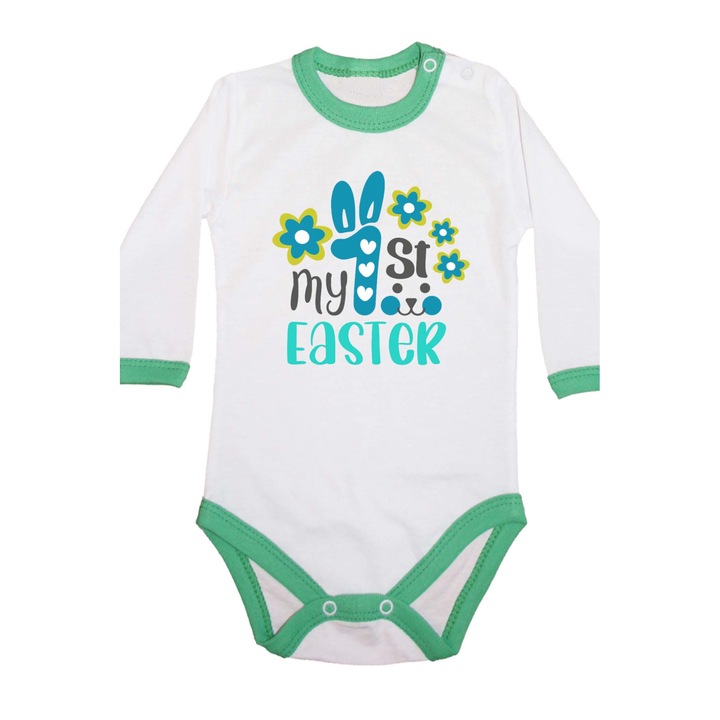 Body pentru bebelusi cu maneca lunga Iepuras de Paste Cadou de Paste Oua Oua Tralala My 1st Easter 5, Maneca lunga cu garnitura verde, 3XL - 92 (24-30 luni)