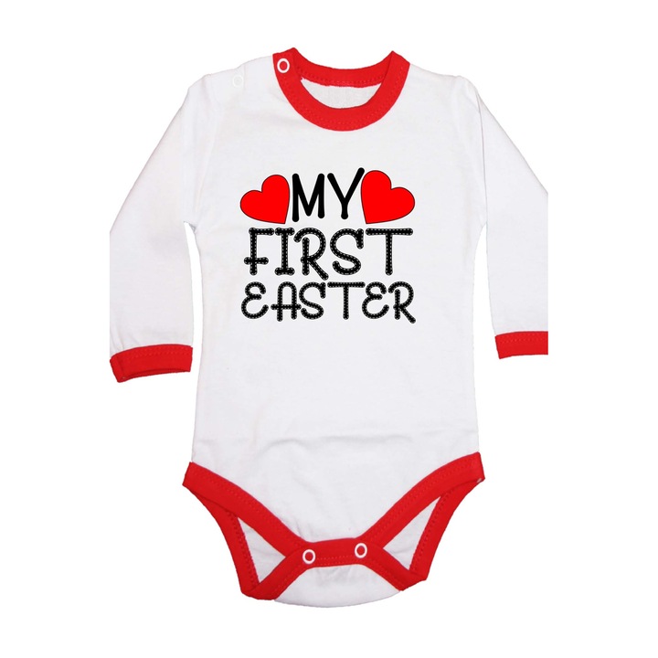 Body bebelus cu maneca lunga Iepuras de Paste Cadou de Paste Oua Oua Tralala My First Easter 3, Rosu Trim Maneca lunga, XL - 80 (12-18 luni)