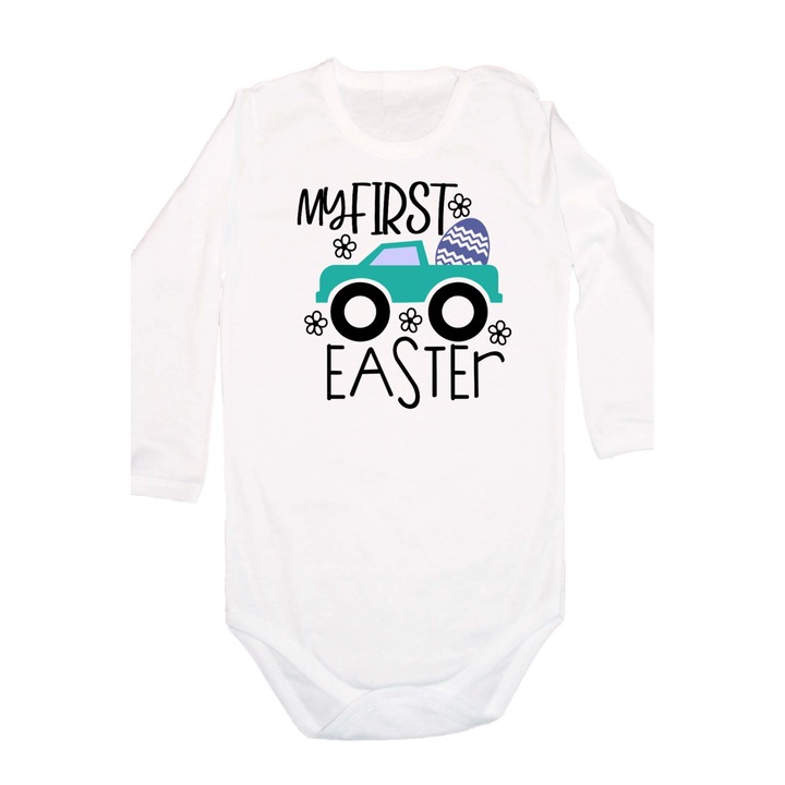 Body pentru bebelusi cu maneca lunga Iepuras de Paste Cadou de Paste Oua Oua Tralala My First Easter Monster Truck, Maneca lunga alba, 2XL - 86 (18-24 luni)