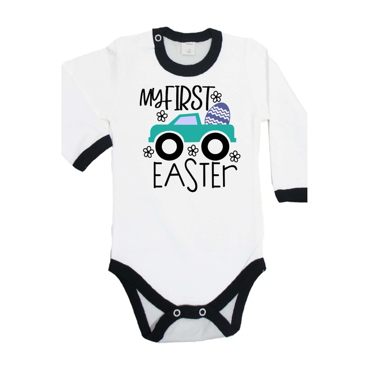 Body pentru bebelusi cu maneca lunga Iepuras de Paste Cadou de Paste Oua Oua Tralala My First Easter Monster Truck, Trim negru cu maneca lunga, S - 62 (3-6 luni)