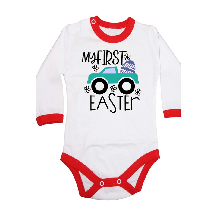 Body bebelus cu maneca lunga Iepuras de Paste Cadou de Paste Oua Oua Tralala My First Easter Monster Truck, Trim rosu cu maneca lunga, S - 62 (3-6 luni)