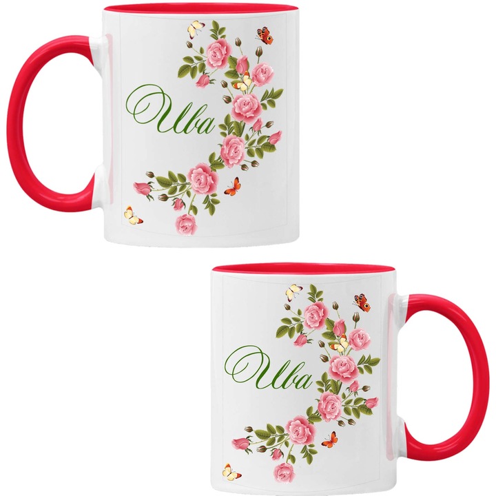Керамична Чаша Цветница Имен Ден Именден Подарък за жена Tralala Ива цветя и пеперуди, Червен, 330 мл