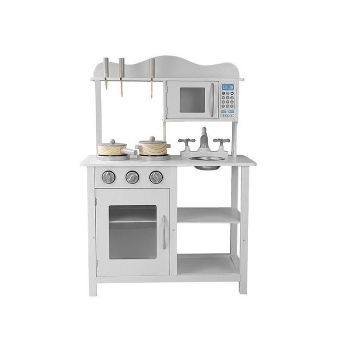 Bucatarie din lemn pentru copii cu accesorii de bucatarie, Bella, Alba, MCT7686