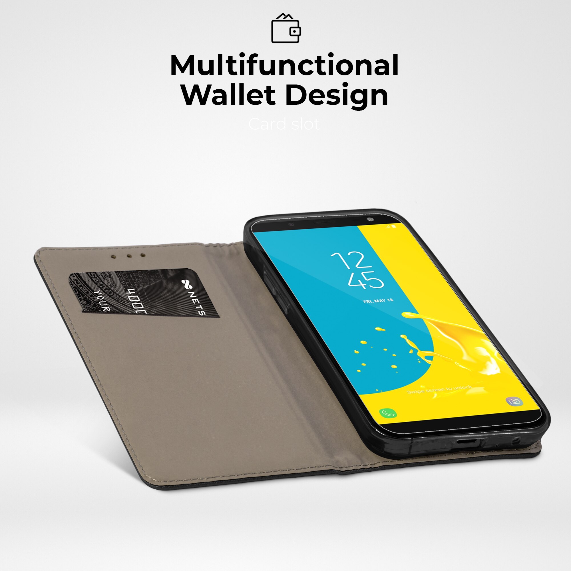 Husa pentru telefon, Moozy, Flip On, pentru Samsung Galaxy J6 (2018), Negru, Piele ecologica