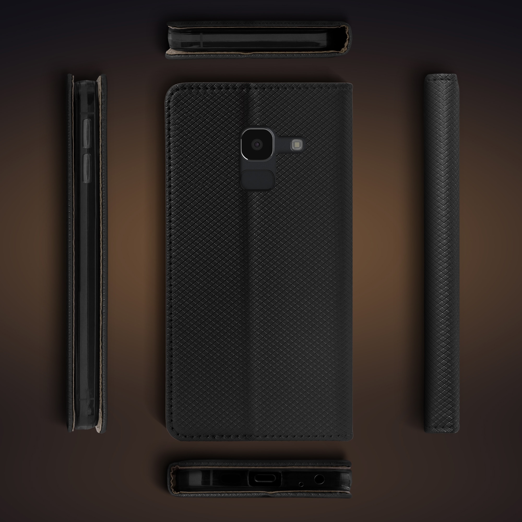 Husa pentru telefon, Moozy, Flip On, pentru Samsung Galaxy J6 (2018), Negru, Piele ecologica