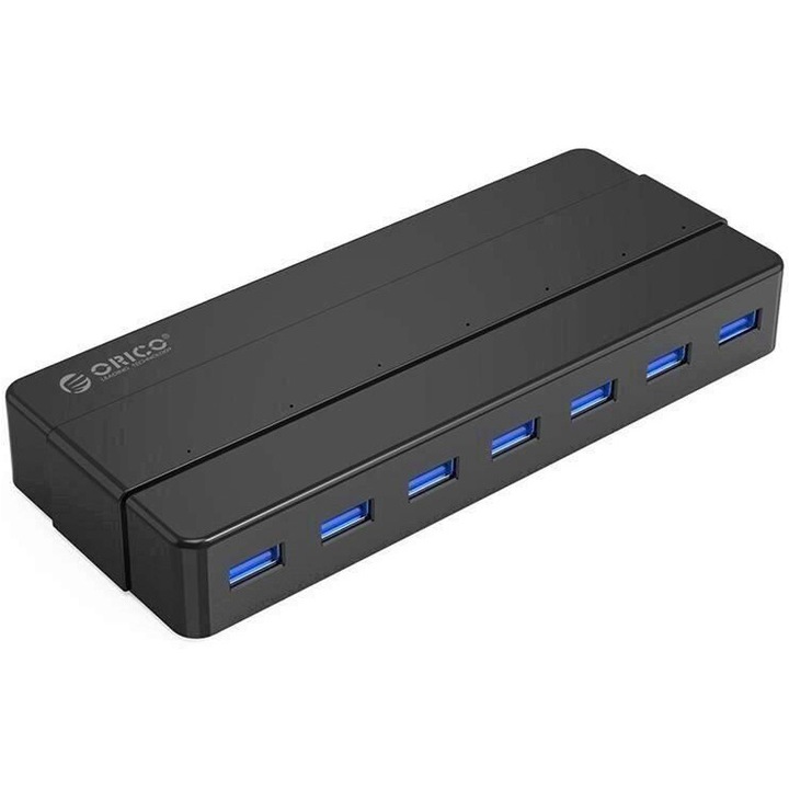 Хъб USB Orico H7928-U3-BK, 7 порта USB 3.0, Адаптер за захранване (12V2.5A), Защита от пренапрежение, Кабел 100 см