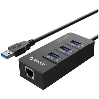 Hub USB Orico HR01-U3-V1-BK-PRO, 3 port-uri USB 3.0 si 1 port RJ45 Gigabit, cablu 30 cm