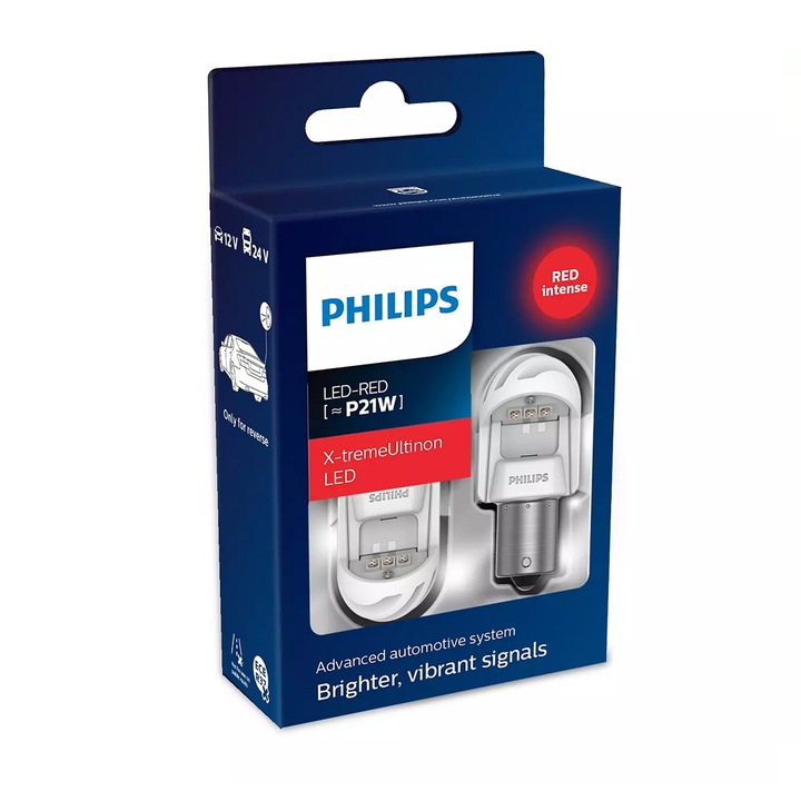 Philips P21W LED X-treme Ultinon LED gen 2 autó izzókészlet, piros, 12V/24V, 2.3 W