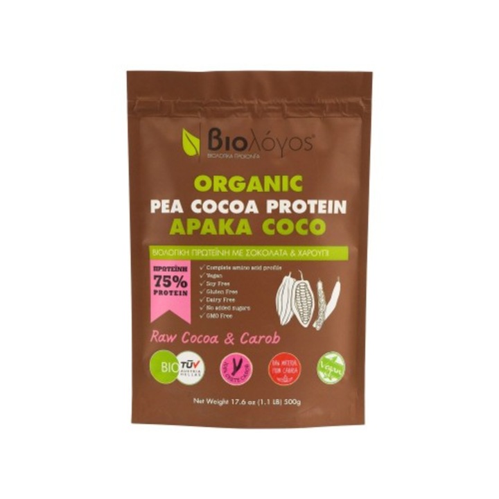 Organic Pea Cocoa Protein 75%, Βiοlogos BIO PRODUCTS, 500gr