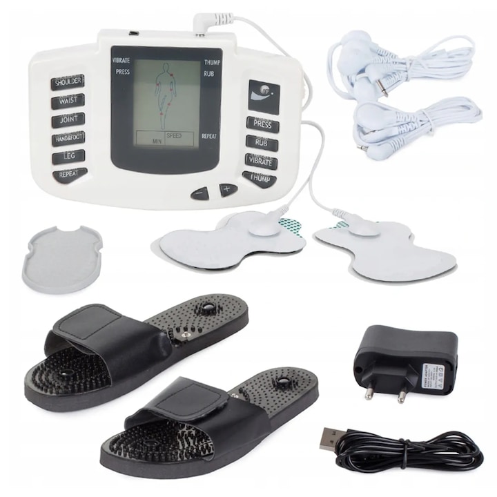 Set Aparat Electrostimulare Zenino - 4 Electrozi, Aparat de Masaj, Full Body, 9 Programe, Ecran LCD, Tonifiere, Alb