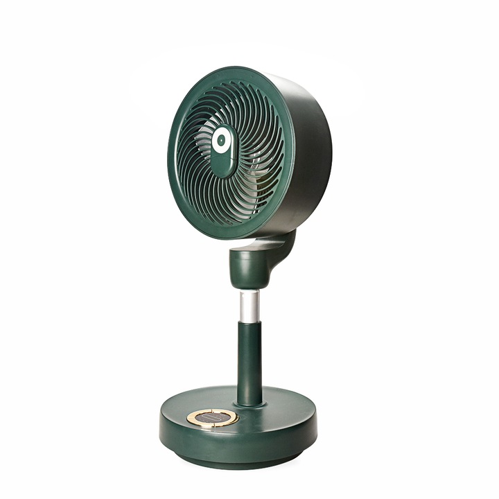 Ventilator cu picior reglabil pe inaltime, Ideas4Comfort, rotativ, portabil, telecomanda, reincarcabil USB, acumulatori 10000mAh, cu talpa rotunda, suprafata mata, verde