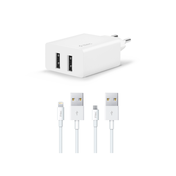 Зарядно ttec, SmartCharger Duo, Travel Charger , 3.1A , Lightning and Micro USB Cable, бял