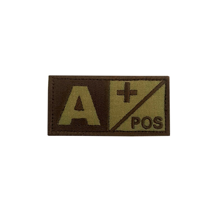Emblema brodata grupa sanguina A pozitiv, kaki, cu velcro aplicat, 7x3.5 cm