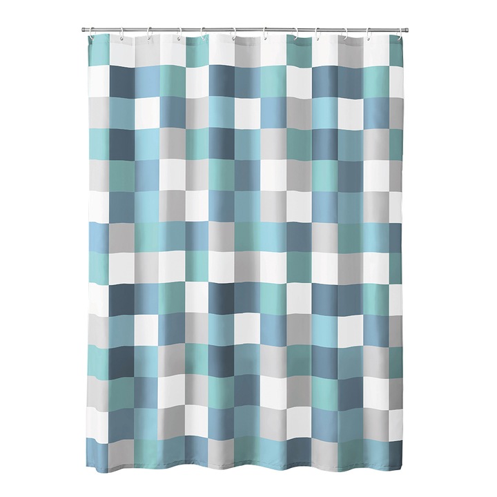 Завеса за душ Kleine Wollke Check, със синьо-сиви квадрати, изглеждащ текстил полиестер, 180 x 200 cm