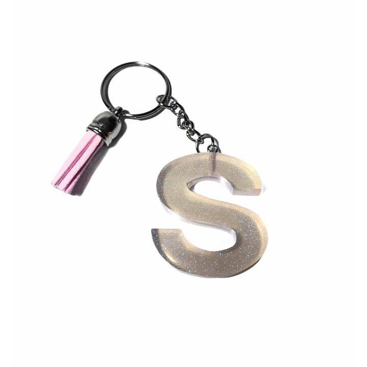 Breloc Gentelo cu initiala S, Handmade din rasina epoxidica pink, 4 cm