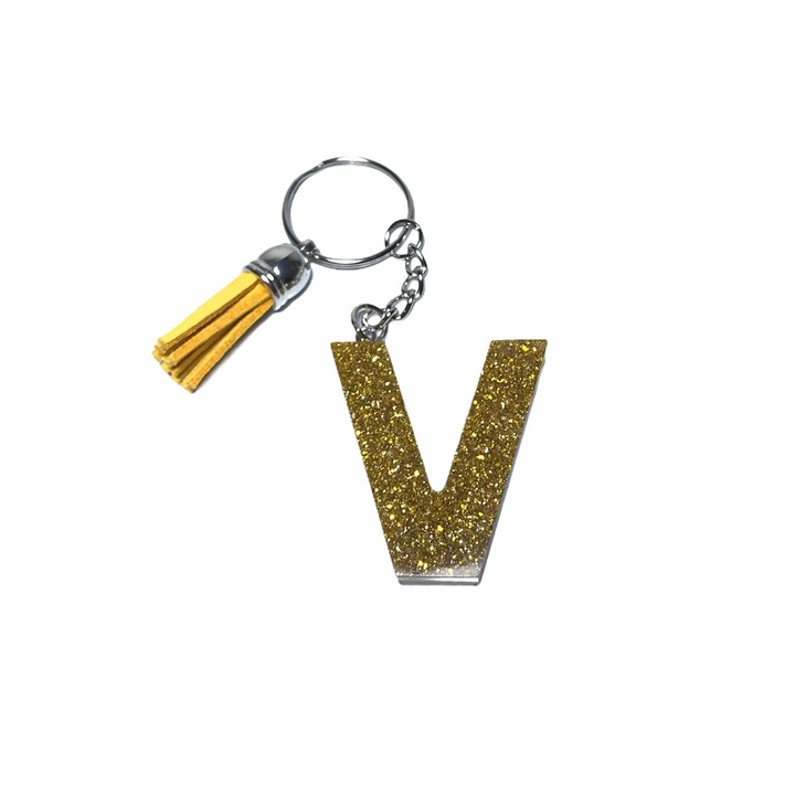 Ключодържател Gentelo с инициал V, ръчно изработен от блестяща жълта епоксидна смола, 4 см