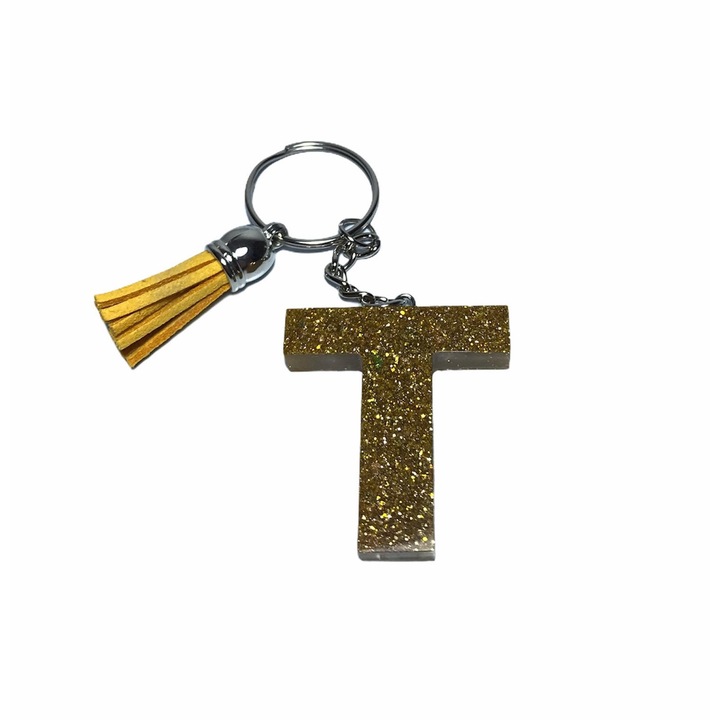 Breloc Gentelo cu initiala T, Handmade din rasina epoxidica galben glitter, 4 cm