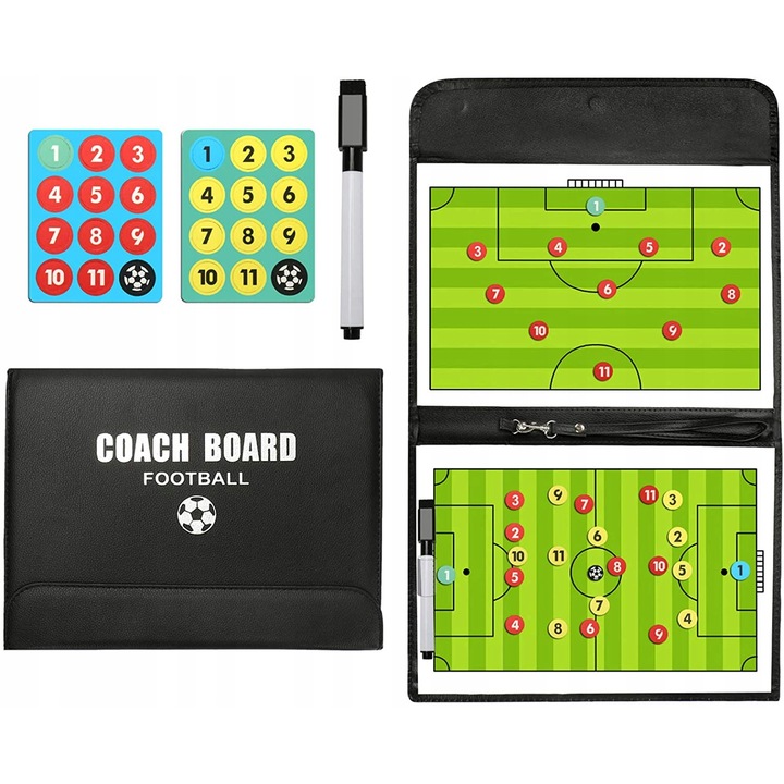 Set Tabla Tactica Pentru Fotbal, Marker Cu Burete Pentru Stergere, Magneti Cu Numere, Korbi, Cusatura Eleganta Din Piele Ecologica, Rezistenta La Apa, Esentiala Pentru Fiecare Antrenor, Negru/Verde