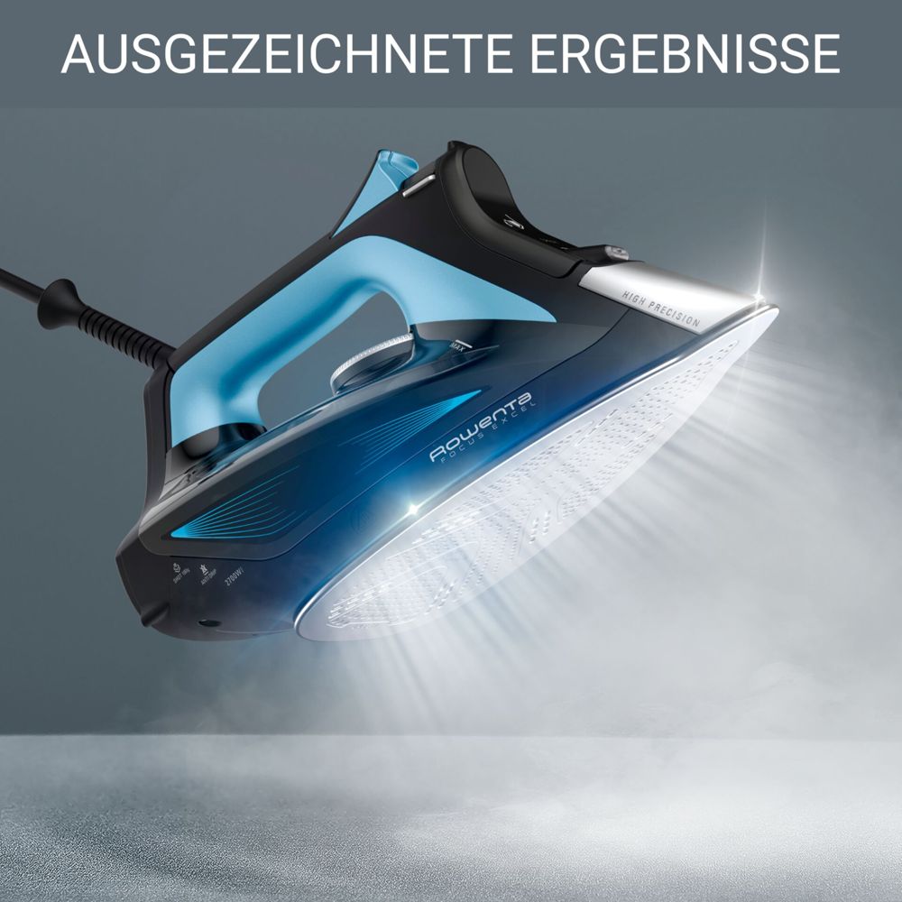 Fier de calcat cu abur Rowenta Focus Excel DW5310D1, 2700 W, abur 45/min, jet de abur 180 g/min, talpa Microsteam 400, Mod Eco, varf profilat, abur vertical, sistem antipicurare, functie anticalcar, negru & albastru
