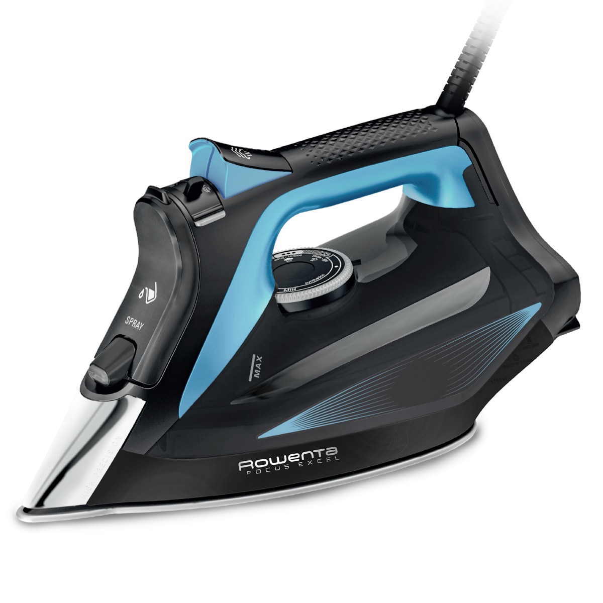 Fier de calcat cu abur Rowenta Focus Excel DW5310D1, 2700 W, abur 45/min, jet de abur 180 g/min, talpa Microsteam 400, Mod Eco, varf profilat, abur vertical, sistem antipicurare, functie anticalcar, negru & albastru