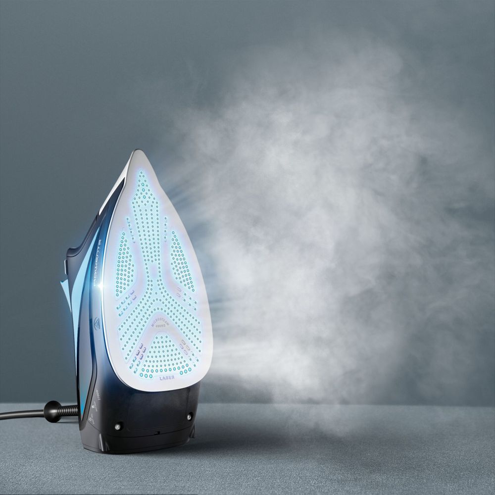 Fier de calcat cu abur Rowenta Focus Excel DW5310D1, 2700 W, abur 45/min, jet de abur 180 g/min, talpa Microsteam 400, Mod Eco, varf profilat, abur vertical, sistem antipicurare, functie anticalcar, negru & albastru