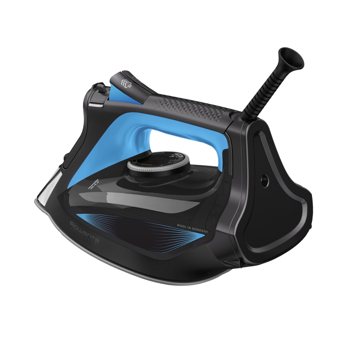 Fier de calcat cu abur Rowenta Focus Excel DW5310D1, 2700 W, abur 45/min, jet de abur 180 g/min, talpa Microsteam 400, Mod Eco, varf profilat, abur vertical, sistem antipicurare, functie anticalcar, negru & albastru