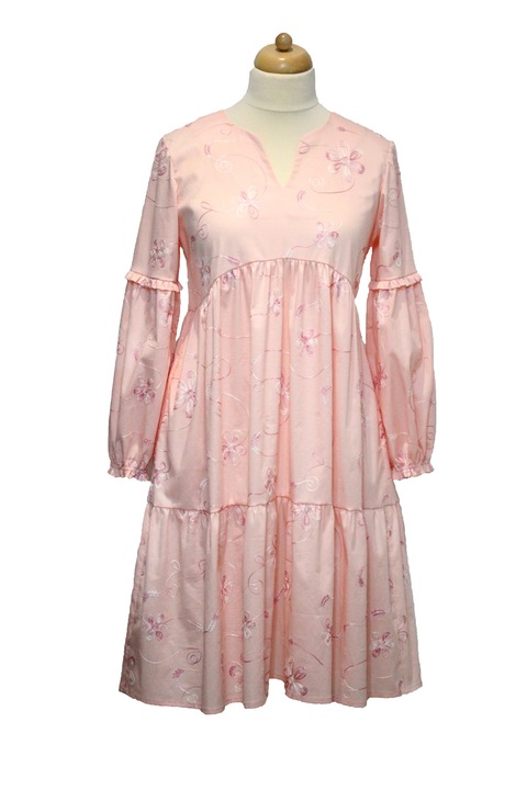 Rochie cu volane si broderie, roz, Roz