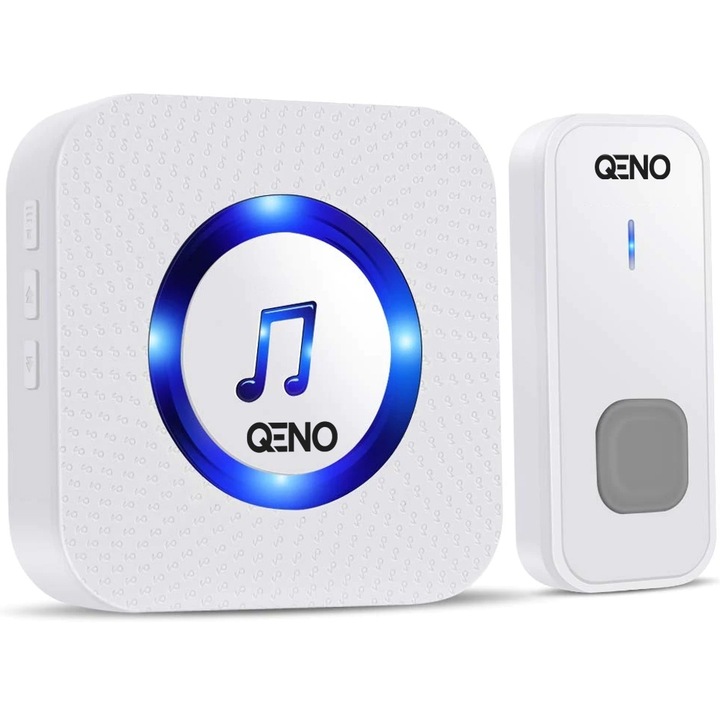Sonerie Fara Fir Wireless Qeno® Distanta 300 M, Fara baterii Incluse, Rezistent La Apa, 5 Trepte Volum Pana la 120 dB, 60 De Melodii, Alb