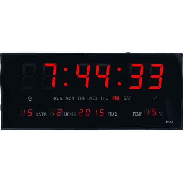 Цифров стенен часовник, Klausstech, червен LED дисплей, дисплей за температура, точен час, черен