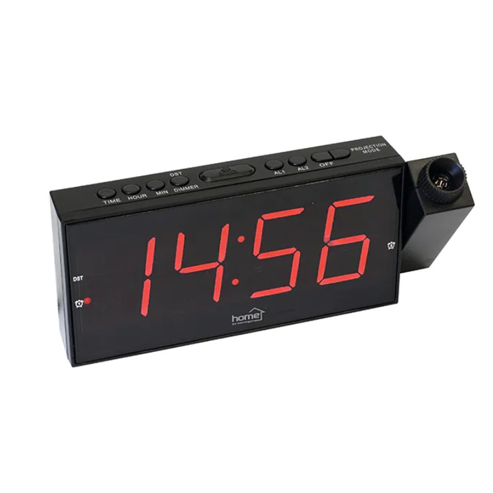 Будилник с червен LED цифров дисплей, аларма, 202 x 90 x 52 мм, функция за повторение, захранване от електрическата мрежа или батерия, черен