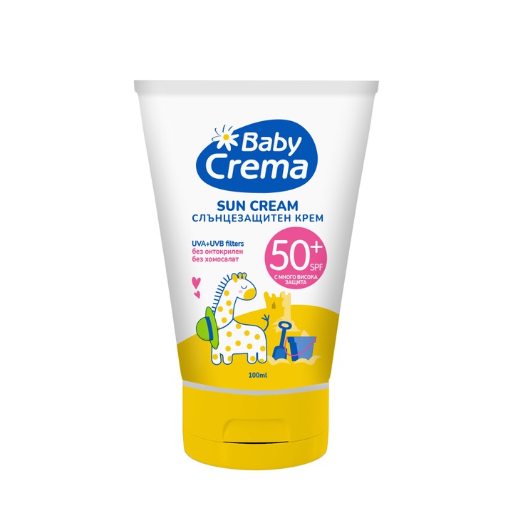 Нежен слънцезащитен крем за лице и тяло Baby Crema, SPF 50+, За много висока защита с широкоспектърна система, 100 мл