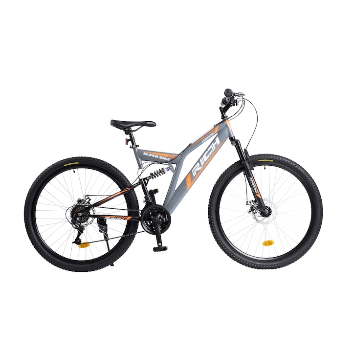 Bicicleta RICH Foresto R2750D, Mountain Bike, Saiguan 18 viteze, Roti 27.5 inch, Frane pe Disc, Gri/Portocaliu