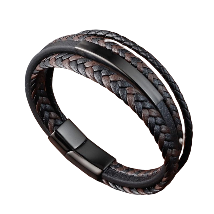 Bratara piele naturala impletita si placuta si inchizatoare din inox, BALI0013, Lungime 21 cm