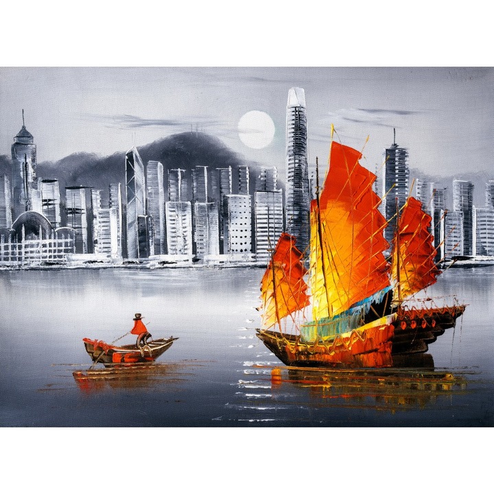 Картина на платно Пристанище, червен кораб, картина, черно и бяло, 90 х 60 см