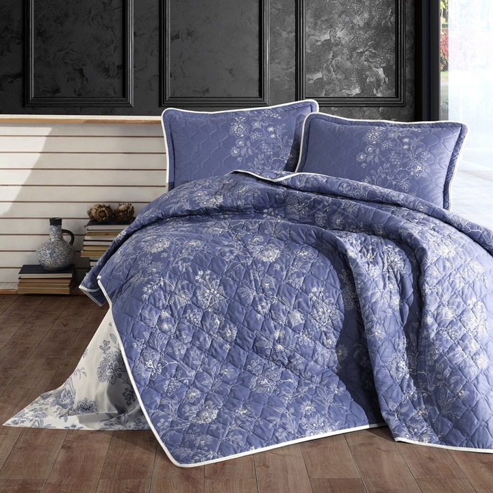 Set Cuvertura de pat din bumbac, matlasata, pentru pat dublu 240x260cm si 2 fete de perna 50x70cm, Pucioasa, COM-CUV91