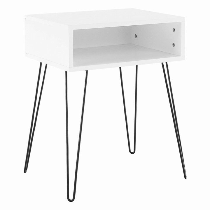 Noptiera, alba, MDF, metal, cu depozitare deschisa, moderna, dormitor, living, hol, 45x35x58 cm, Bortis