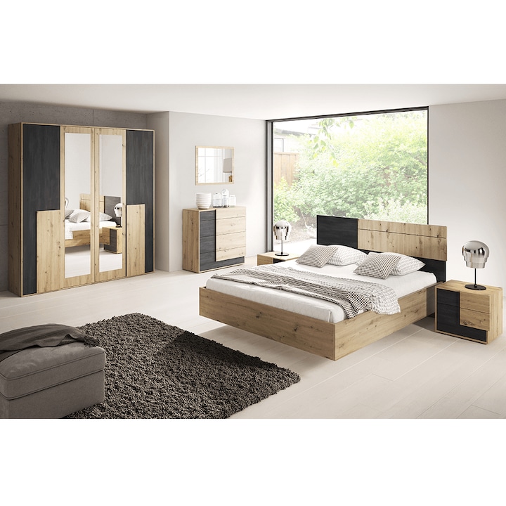 Комплект мебели за спалня, легло, нощни шкафчета, кафяв гардероб, занаятчийски дъб, норвежки бор, черна Bafra 200x65x203 см