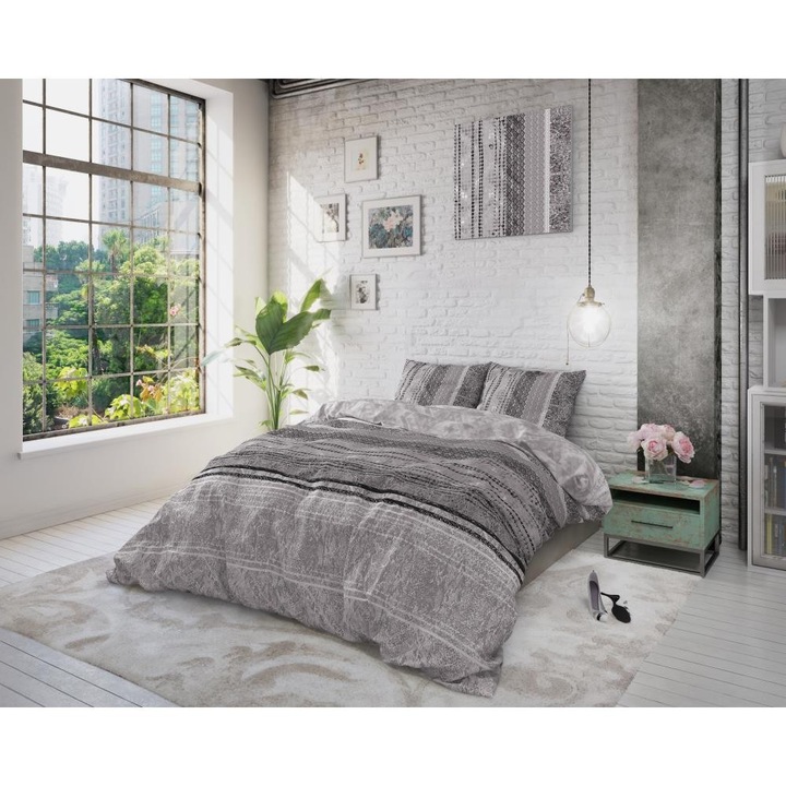 Lenjerie pat Sleeptime Melila Grey, bumbac amestec, husa 140 x 220 cm, 1 fata perna 60 x 70 cm